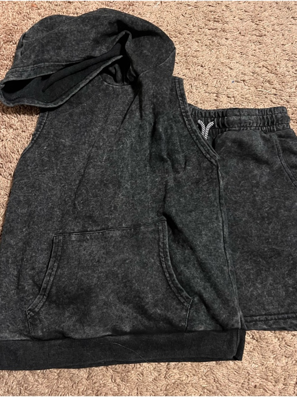 Kids Black Mineral Wash Hoodie & Shorts Set
